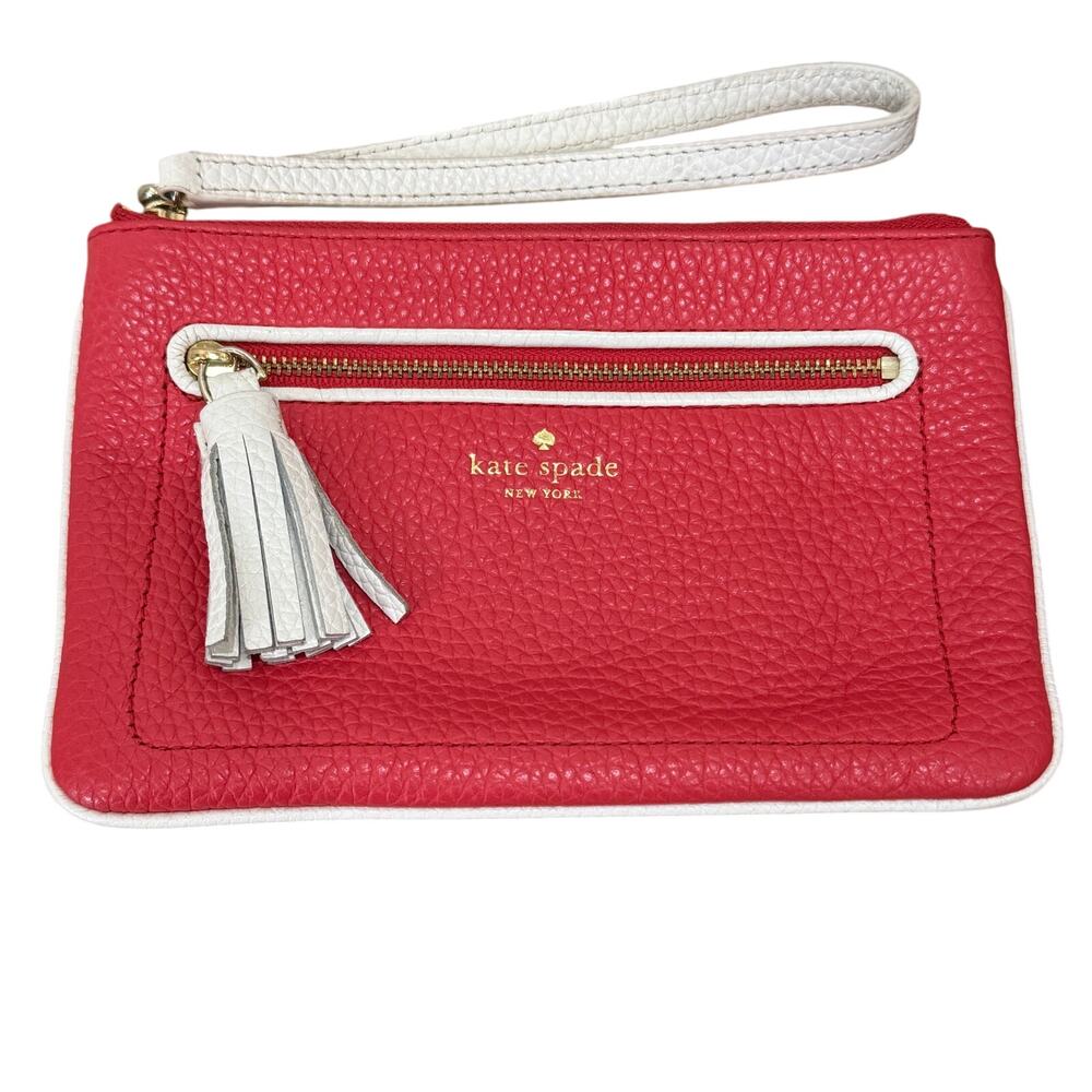 KATE SPADE Chester Street Tinie Wristlet Coral Red White Trimmed Pebbled Leather